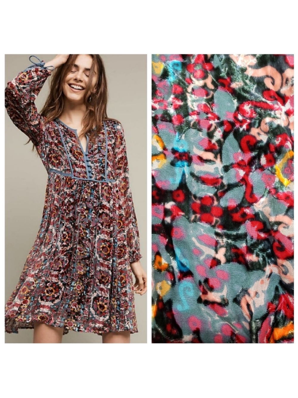 Anthro Floreat XS Abia Velvet Peasant Floral Dress